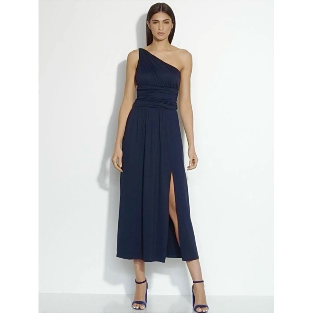 Susana Monaco Twisted One Shoulder Slit Maxi Dress Sz S Midnight Navy Ruched NEW